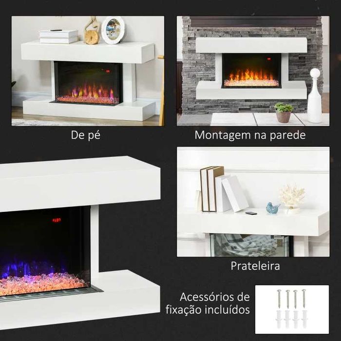 Lareira elétrica com chama ajustável e temporizador, branco