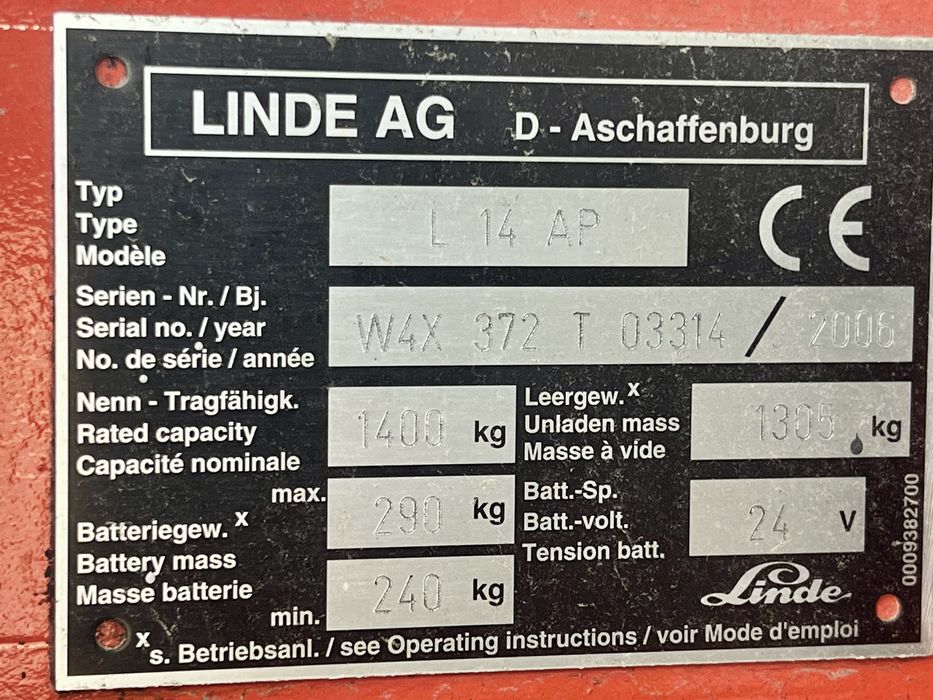 Електро штабелер Linde L14AP 2006р., 1.4т., 4.7м