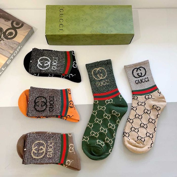 (5 pares) Meias compridas estilo novo Gucci tecido de algodão puro