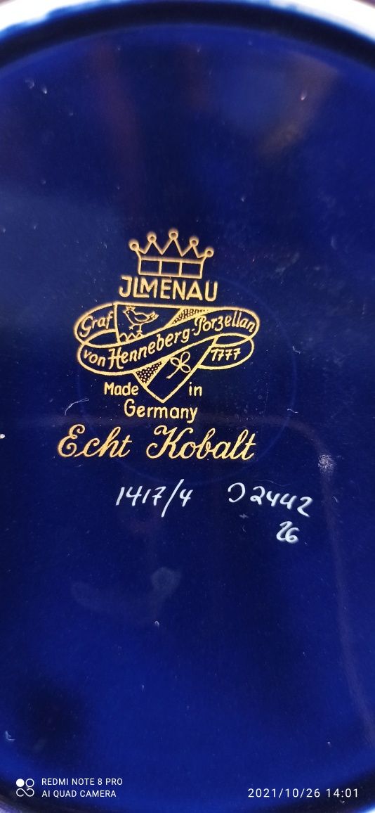 R..Porcelana  ILMENAU TRIO BRABANT Echt Kobalt 24K złocona