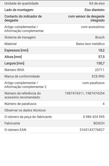 Pastilhas de travão Bosch novas