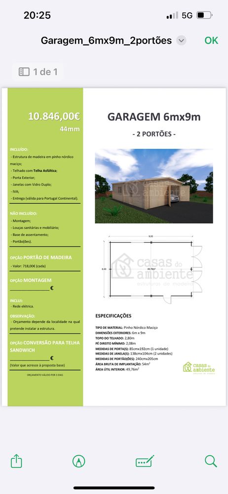 Garagem em Kit de Madeira 6m x 9m com 2 Portões