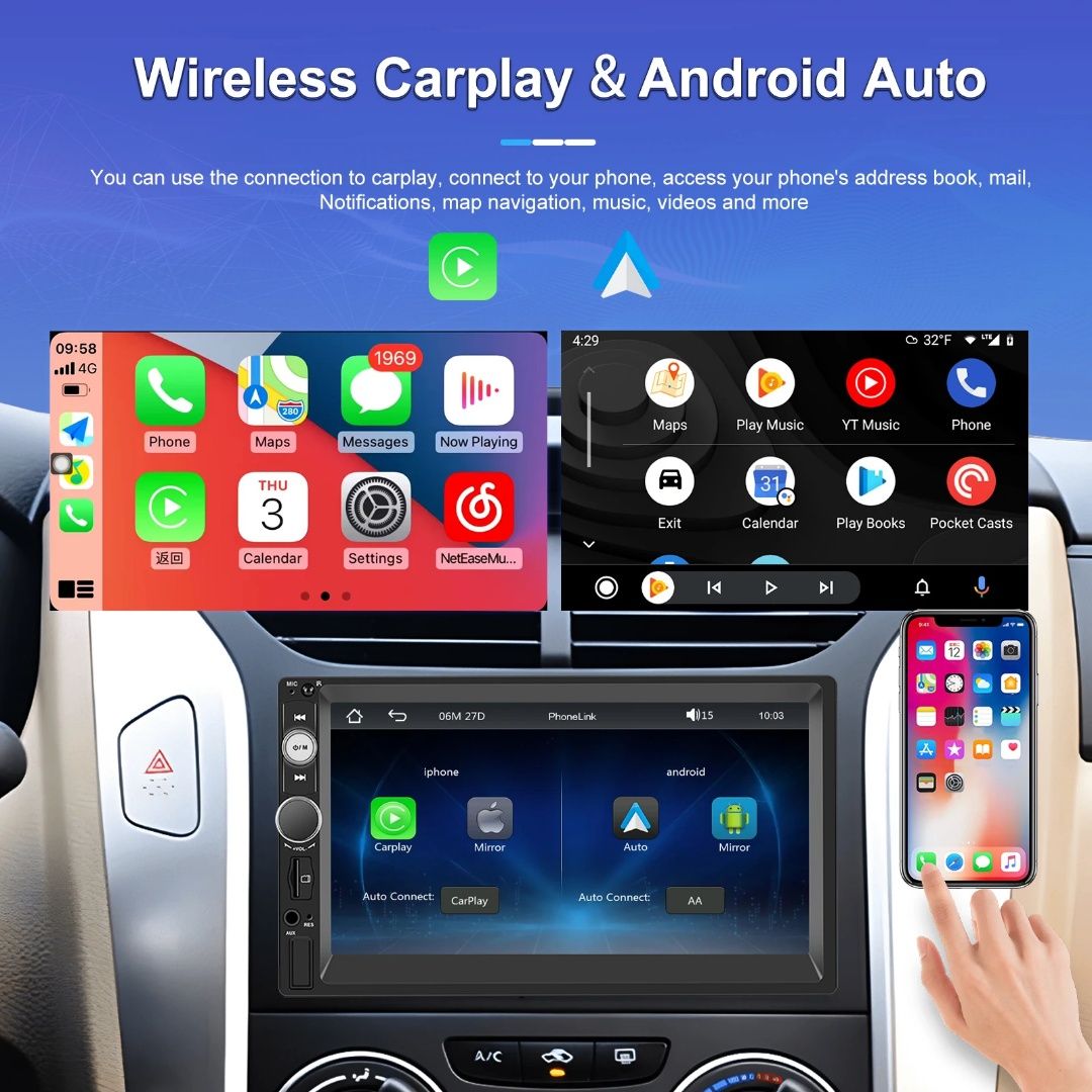 Rádio 2din 7" CARPLAY e Android Auto sem fios Bluetooth FM USB novo