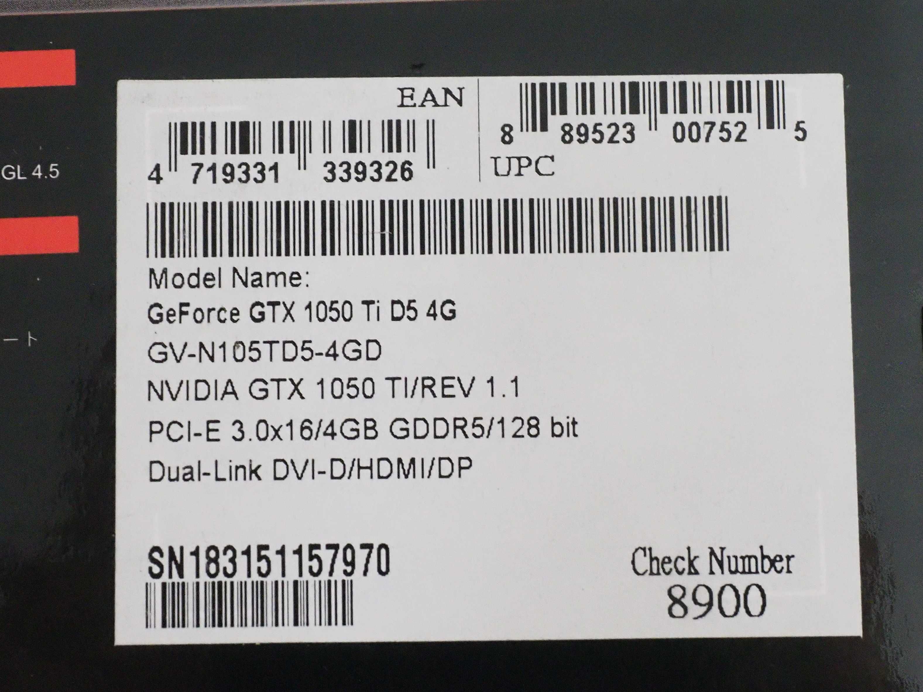 Karta graficzna  GIGABYTE GEFORCE GTX 1050Ti 4GB DDR5