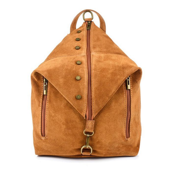 VERA PELLE plecak damski zamszowy elegancki z ćwiekami V409 camel