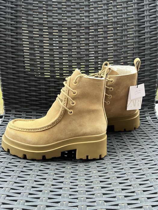 ZARA nowe ocieplane zamszowe botki traktory trapery beżowe buty 37