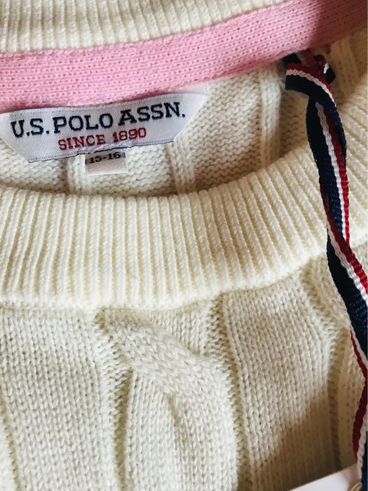 Sweterek U.S. Polo Assn. Ecru, we warkocze, bawelna, kr. rekaw, S