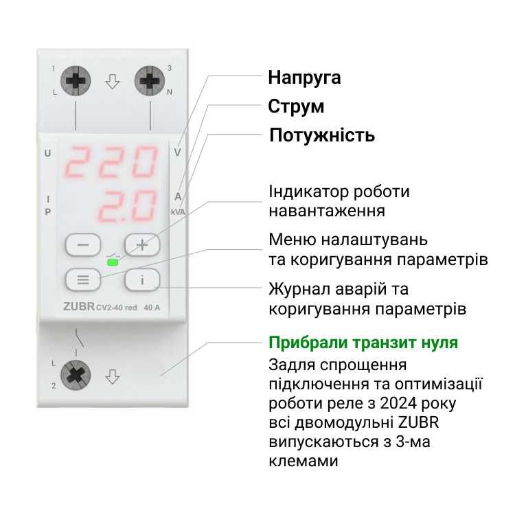 Реле мультифункціональне 1ф 40А CV2-40 red двомодульне ZUBR