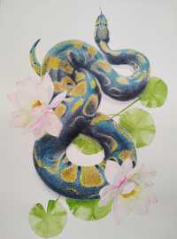 Иллюстрация акварельными карандашами и красками Змея в лотосах