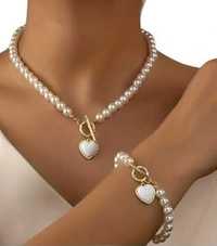 Zestaw perłowej biżuterii naszyjnik i bransoletka serce