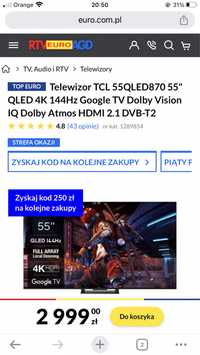 TCL 55 Cali. QLED 4K 144Hz Google TV Dolby Vision
