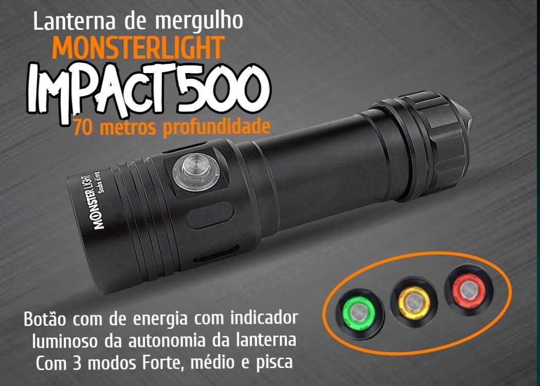 Kit lanterna mergulho MonsterLight Impact 500 bateria recarregável