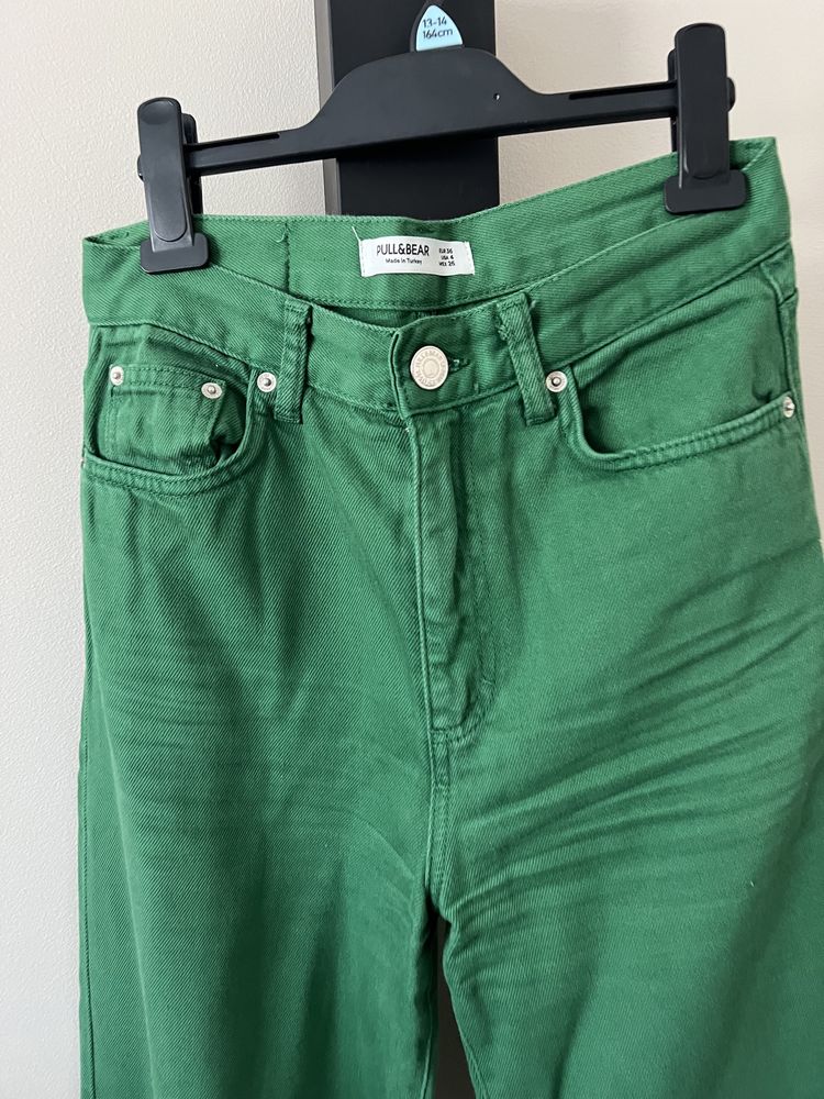 Pull&Bear zielone wide leg spodnie dżinsowe szeroka nogawka r.36