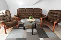 Komplet wypoczynkowy, sofa + dwa fotele, brązowy welur