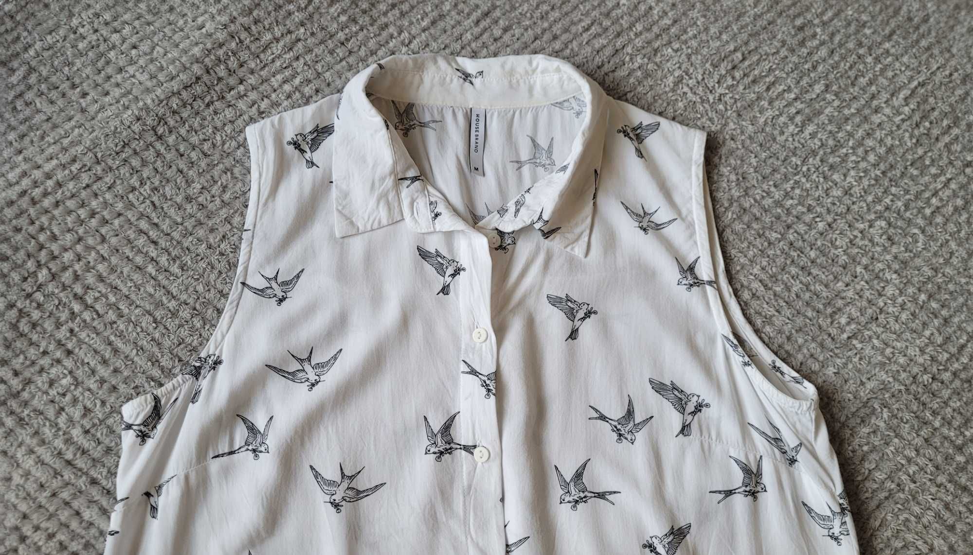Biała bluzka bez rękawów, typu koszula, ptaki jaskółki, House Brand, M