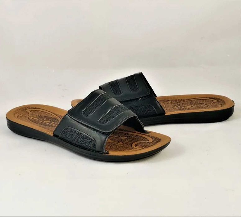 Мужские Шлёпанцы Тапочки Кожаные Черные Сланцы на Липучке