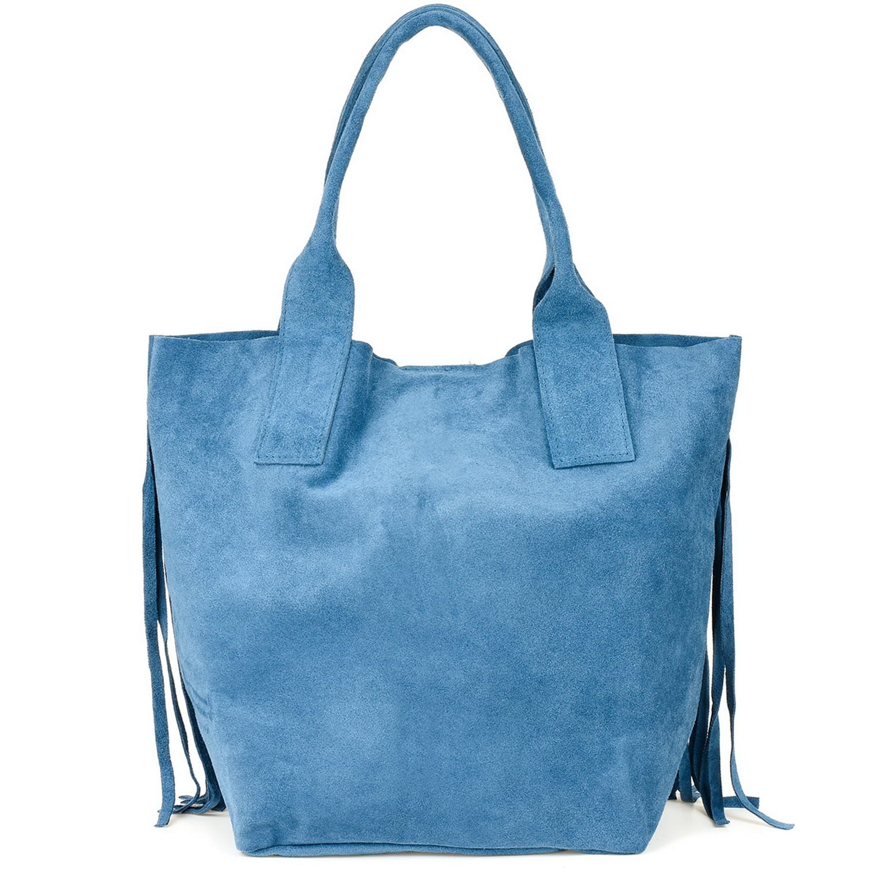 VERA PELLE torebka zamszowa shopper boho z frędzlami V007 c.jeansowa