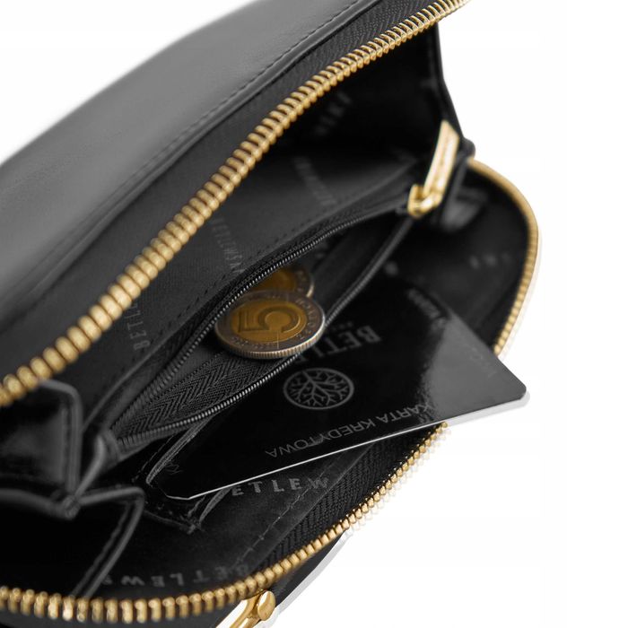 BETLEWSKI Mała Torebka Damska Etui Na Telefon Smartfon Czarna Skórzana