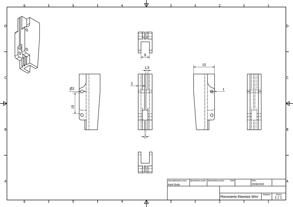 Mocowanie (zaczep) klawisza do akordeonów Weltmeister, druk projekt 3D
