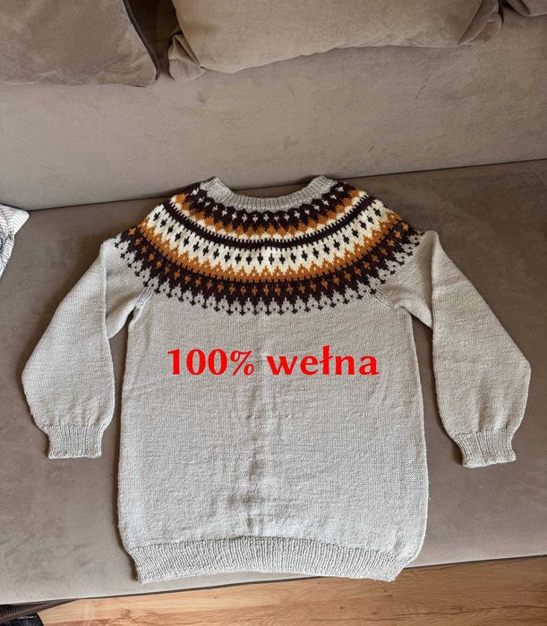 Sweter męski, norweski vintage, etniczny lopapeysa 100% wełna, r L/XL.