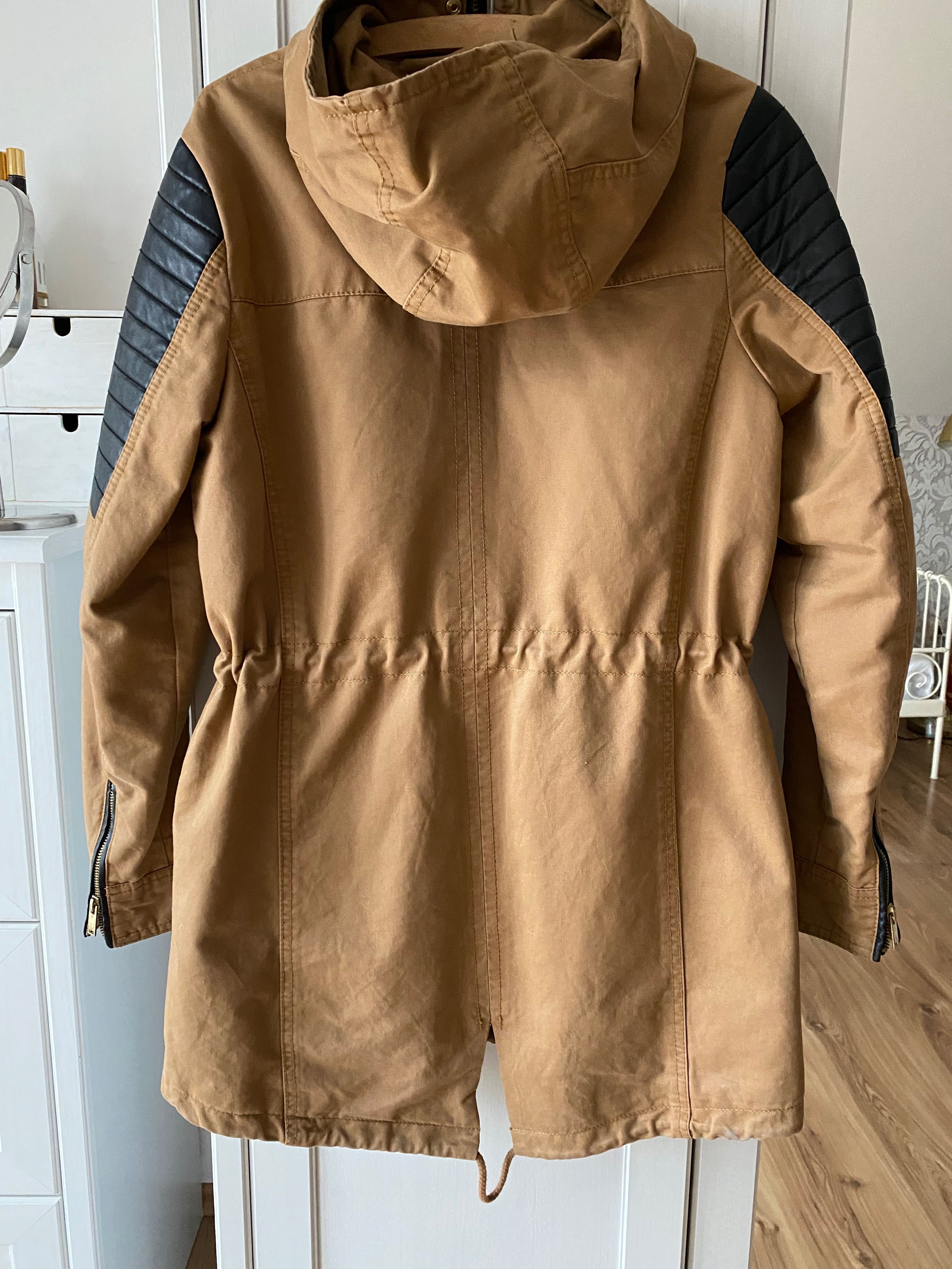 Płaszcz kurtka parka z kapturem brązowa wiosenna jesienna skórzanep