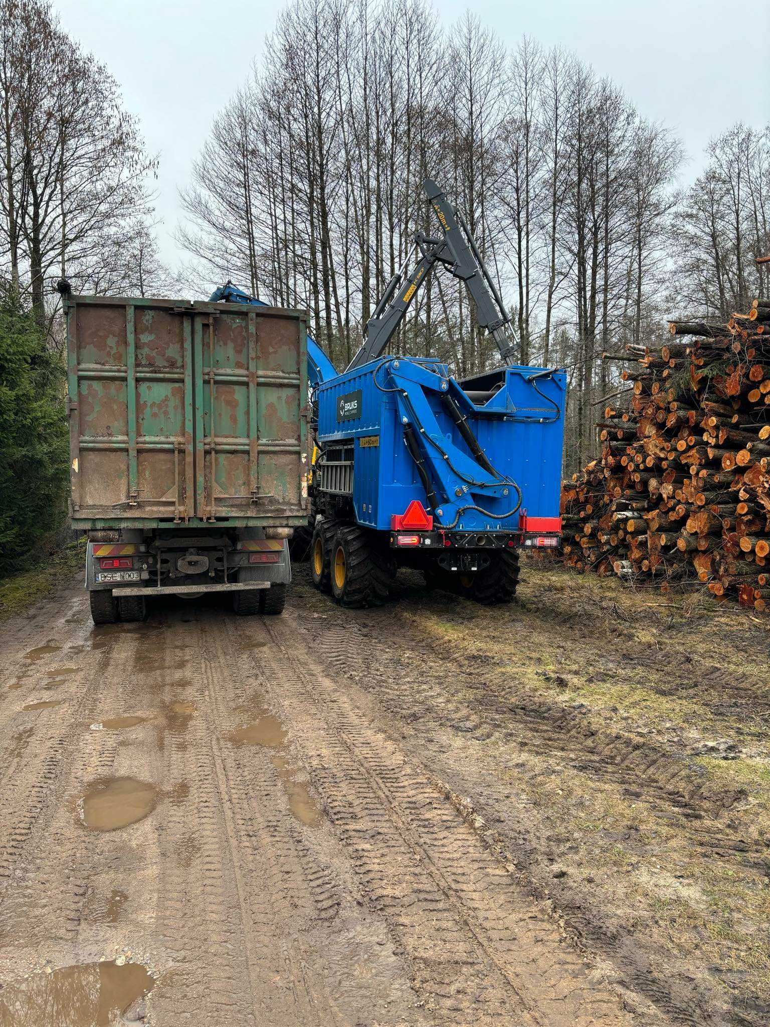 Wycinka drzew, rębak, transport drewna