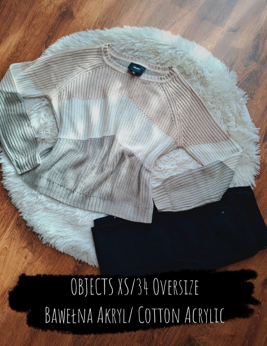Dzianinowy Sweter Oversize | Object | Bawełna | Rozmiar XS/S | Beż Pud