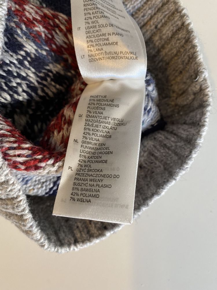 Gruby sweter H&M 68 LOGG 7% wełna szary dziergany kołnierz święta