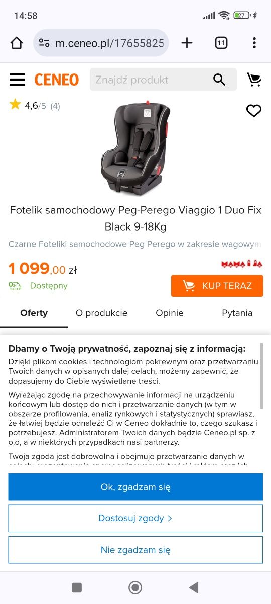 Fotelik samochodowy 9-18 kg ISOFIX