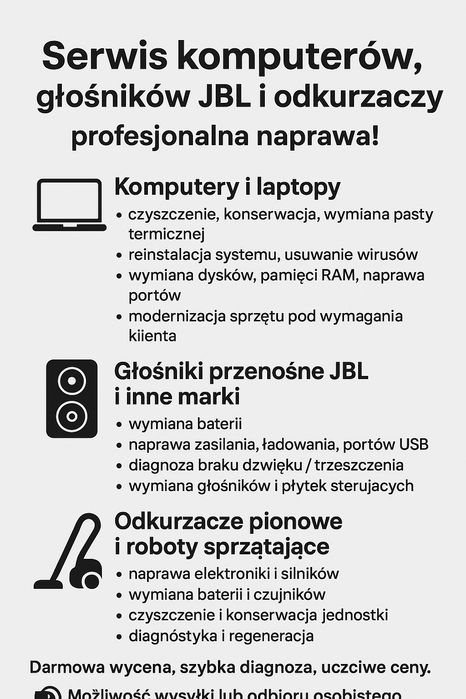Serwis komputerów, głośników JBL i odkurzaczy – profesjonalna naprawa!