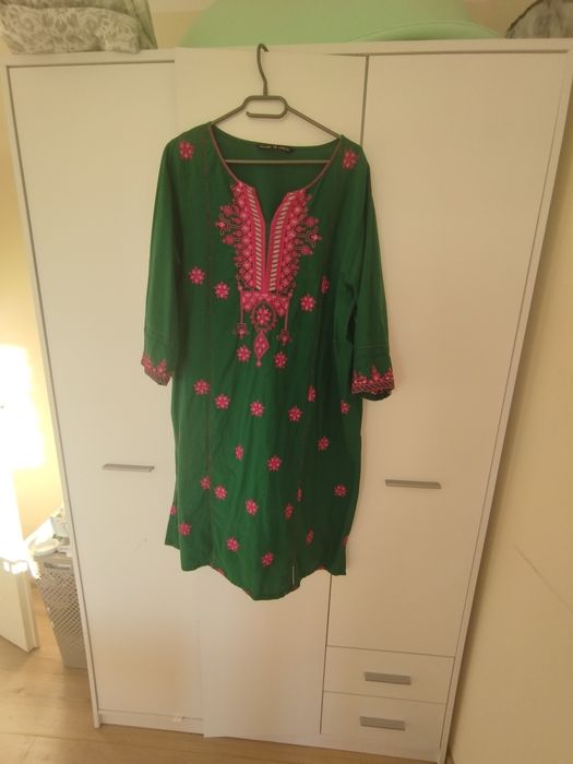 Tunika zielona indyjska kameez haft kwiaty Bollywood orient hippie