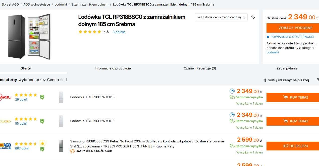 OUTLET nowa Lodówka TCL RP318BSC0 185 cm NoFrost gwar 2 lata O9
