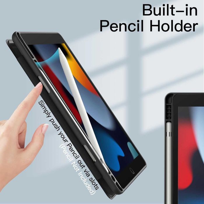 JETech iPad 10.2'' 7 8 9 Etui pancerne Pencil czarno clear stojak