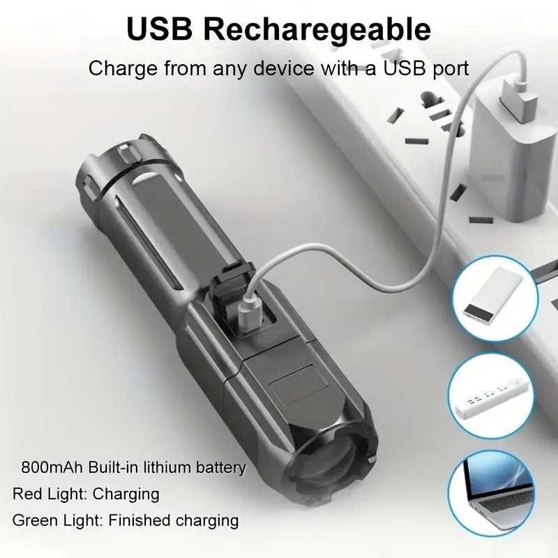 Latarka mini LED USB z funkcją zoom, wodoodporna