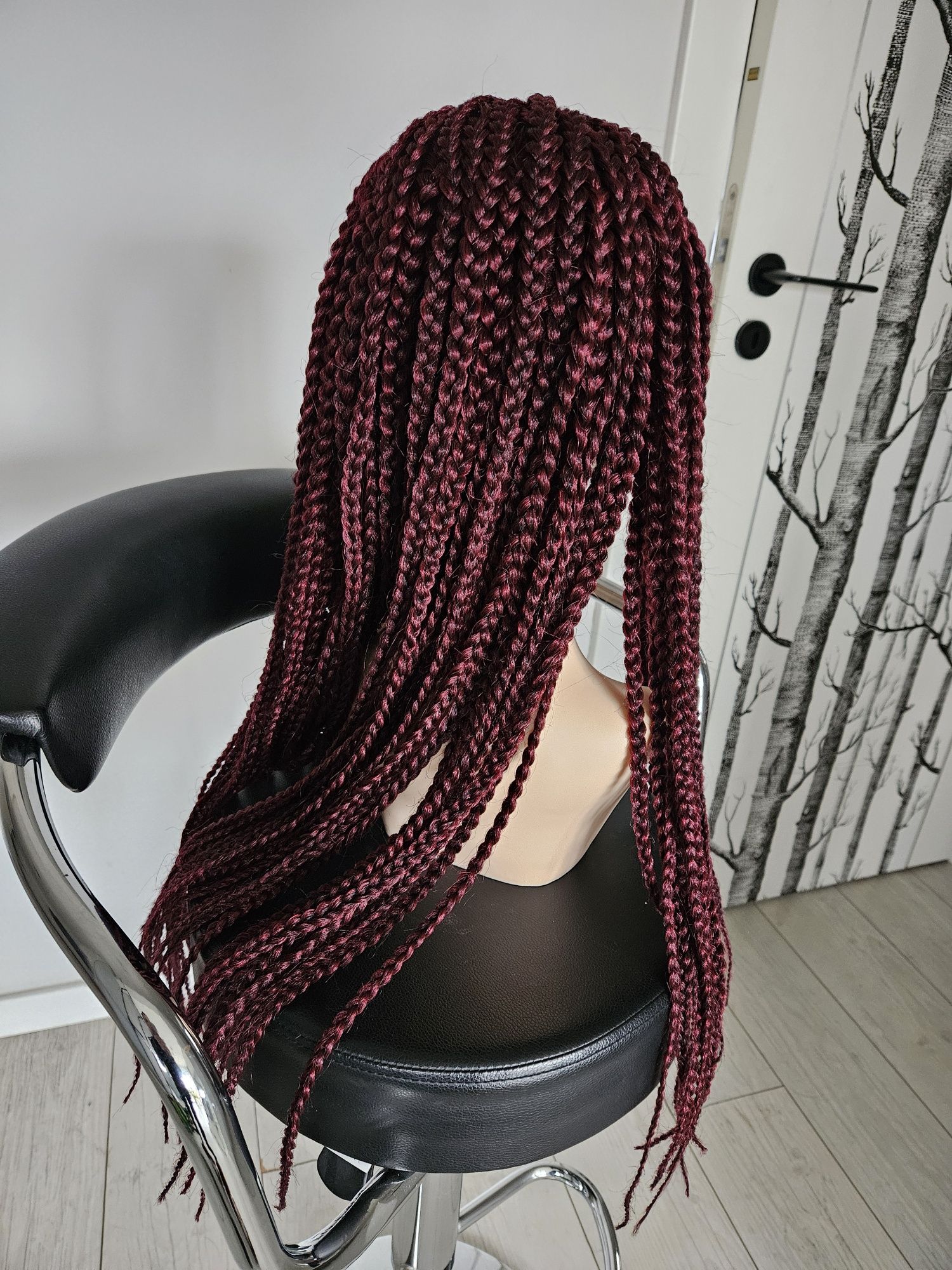 Peruka lace front warkoczyki syntetyczne bordowe