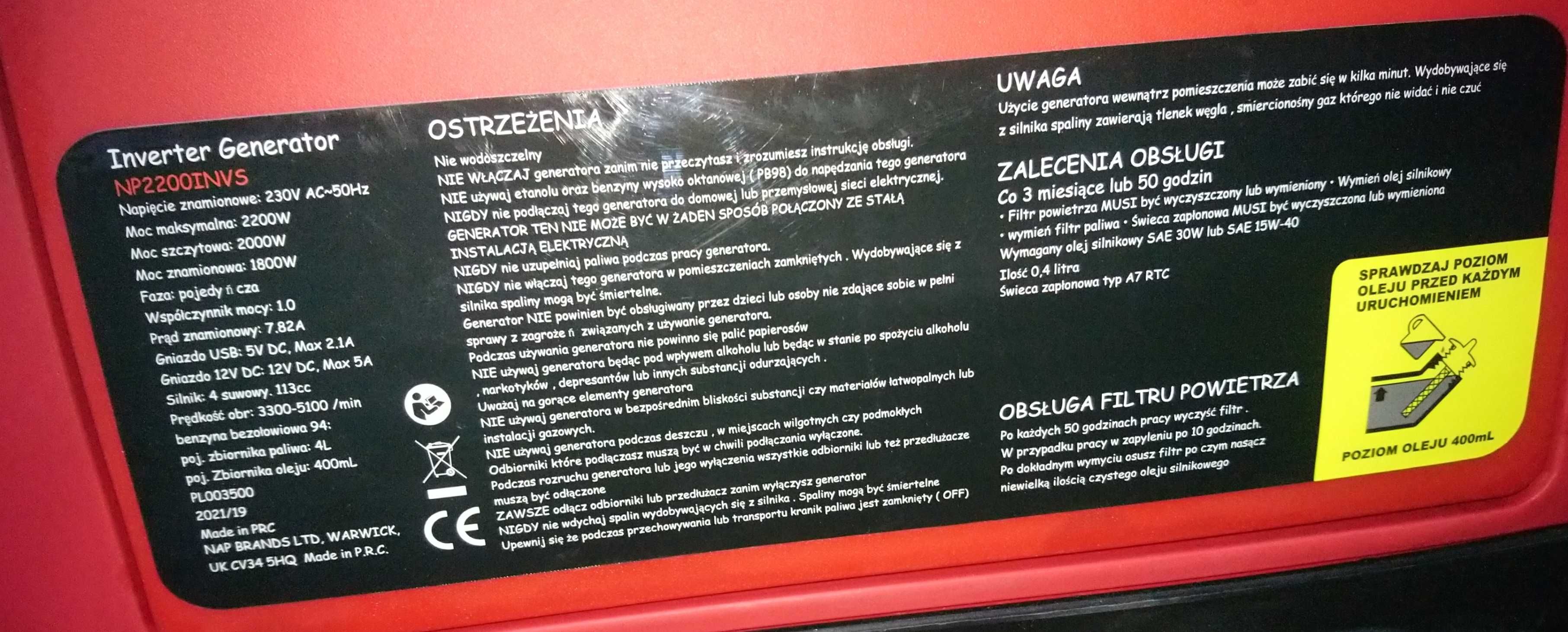 Generator, agregat inwerterowy 2200/1800W do elektroniki, benzyna