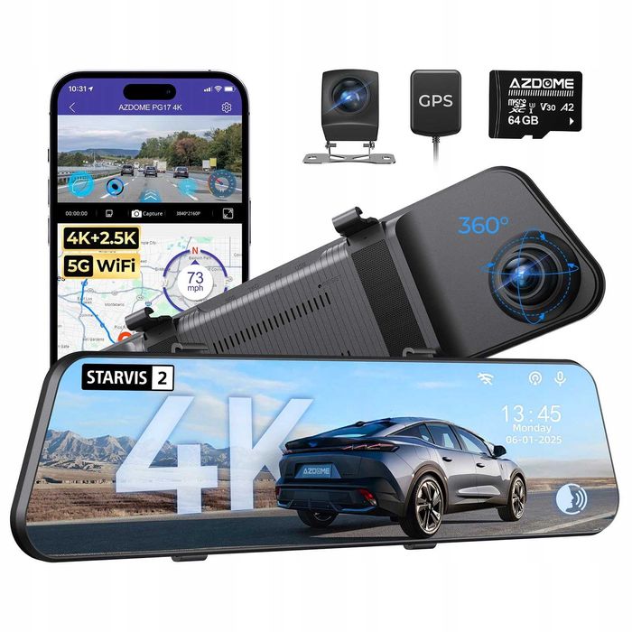 AZDOME PG17 12" Lusterko Kamera Cofania Przód Tył 4K ULTRA HD 128GB