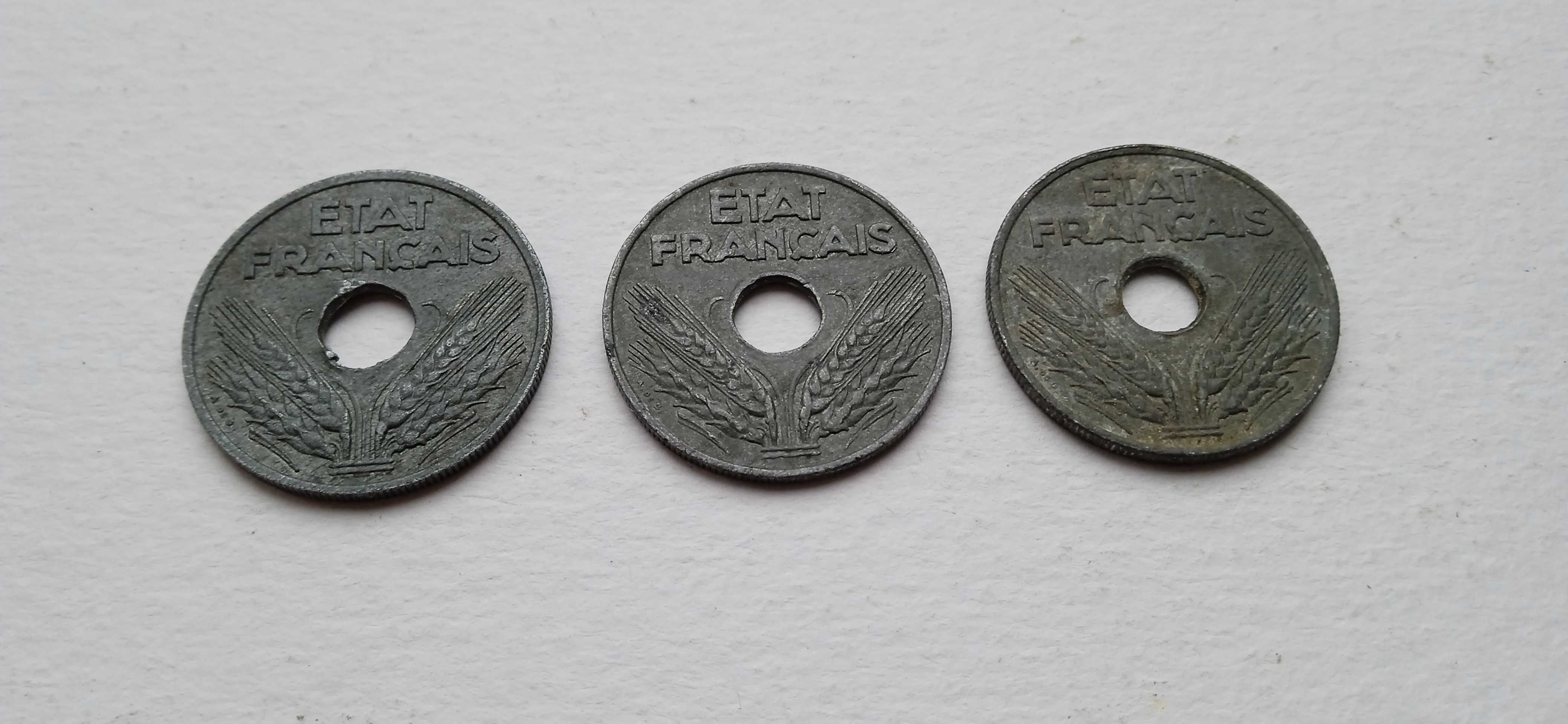 3 monety Francuskie 20 Centimes roczniki wojenne.