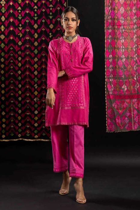 Różowa tunika boho S 36 bawełna róż złoto haft kameez hippie Bollywood