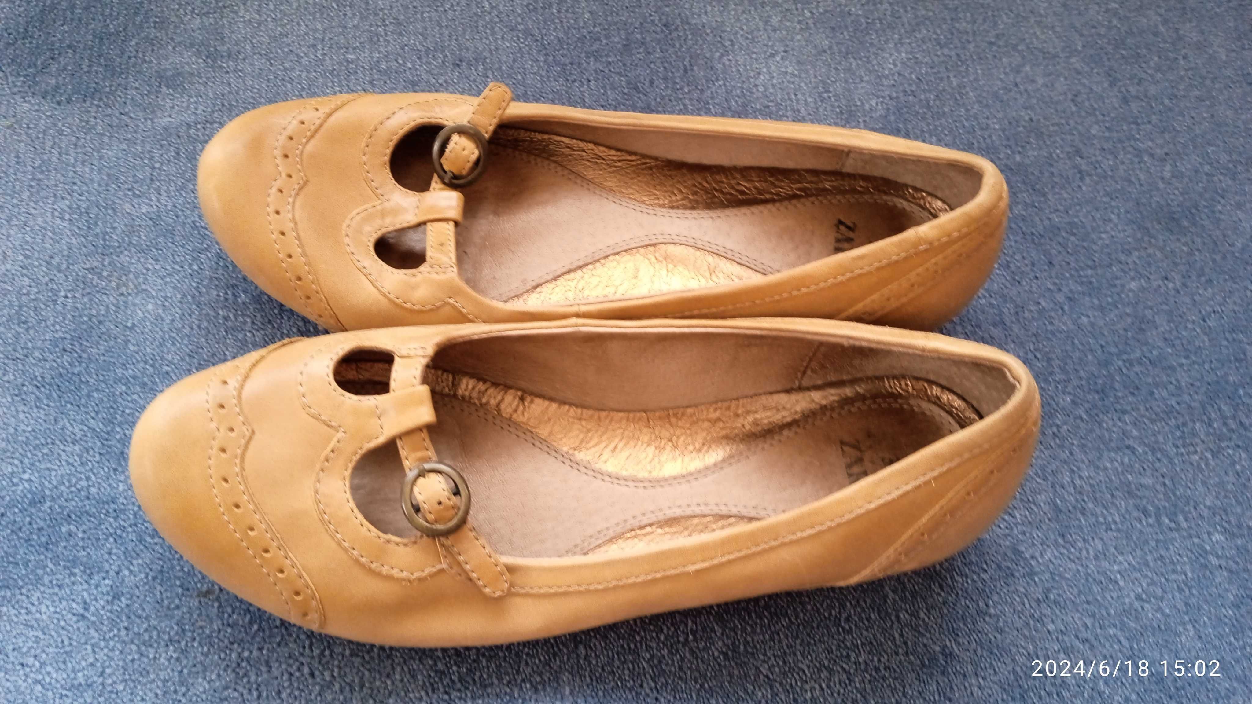 Buty damskie Zara, ze skóry, kolor beż, rozmiar 37.