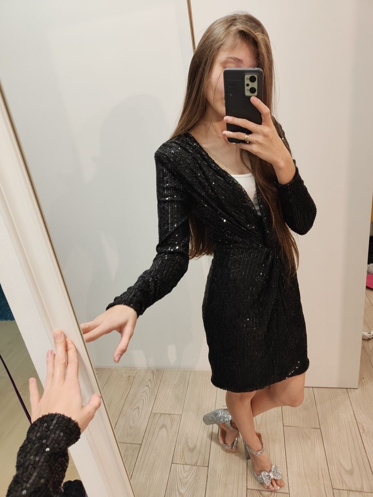 Cekinowa sukienka sylwestrowa czarna wieczorowa sukienka krótka sexy