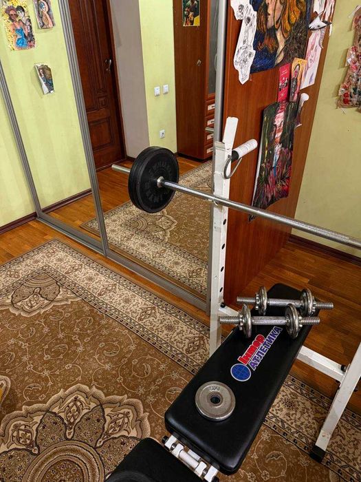 Скамья для жима + штанга + блины + гантели