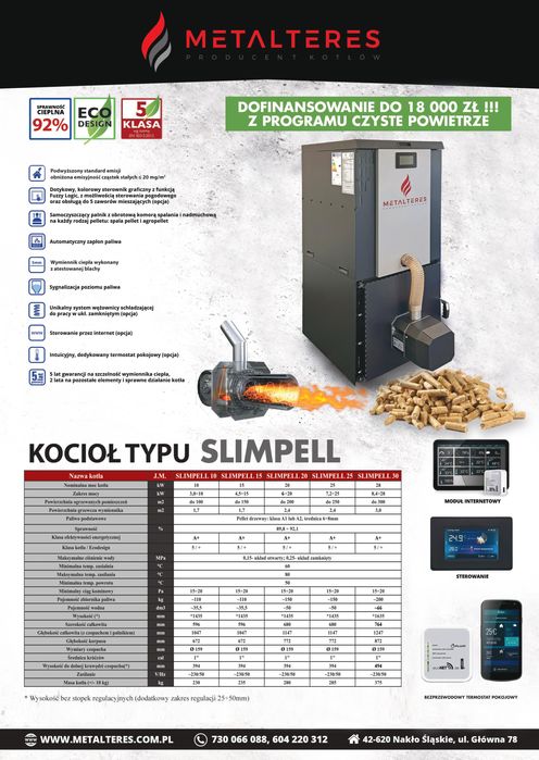 Kocioł, piec na pelet SLIMPELL 20kW, prod. Metalteres, lista ZUM