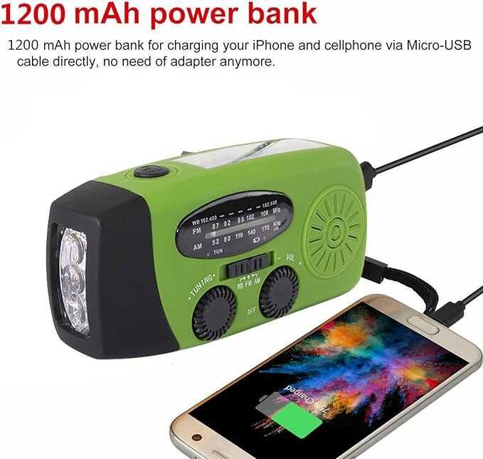 Radio turystyczne latarka LED, solar, dynamo, alarm, powerbank 1200mAh