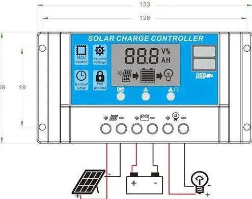 Контроллер заряда солнечных панелей 10А 12/24V ЖК-дисплей USB, ШИМ