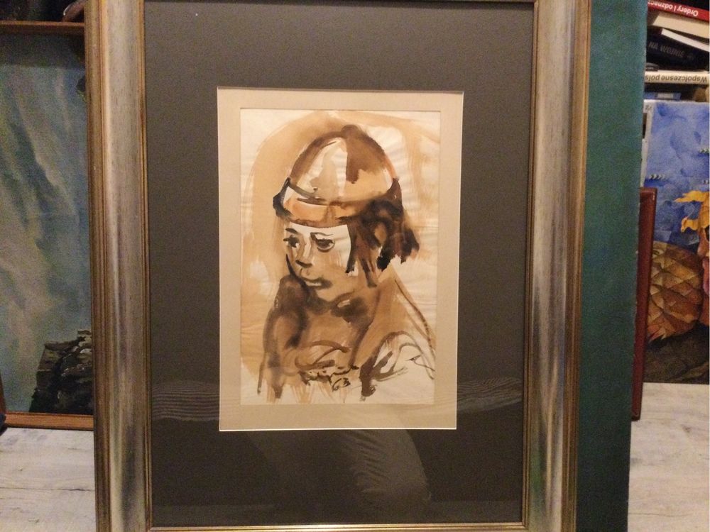Władyslaw Filipiak,Portret Wnuczka,1963r,obraz,akwarela,grafika,antyk.