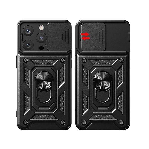 Pancerne etui z podstawką i osłoną aparatu do iPhone 15 Pro Hybrid Arm