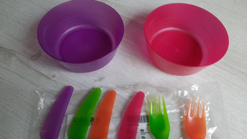 Nowe IKEA KALAS Sztućce plastikowe + Dwie Miseczki zestaw dla dziecka
