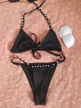 Strój kąpielowy czarny perły dwuczęściowy shein s wiązany bikini vinta