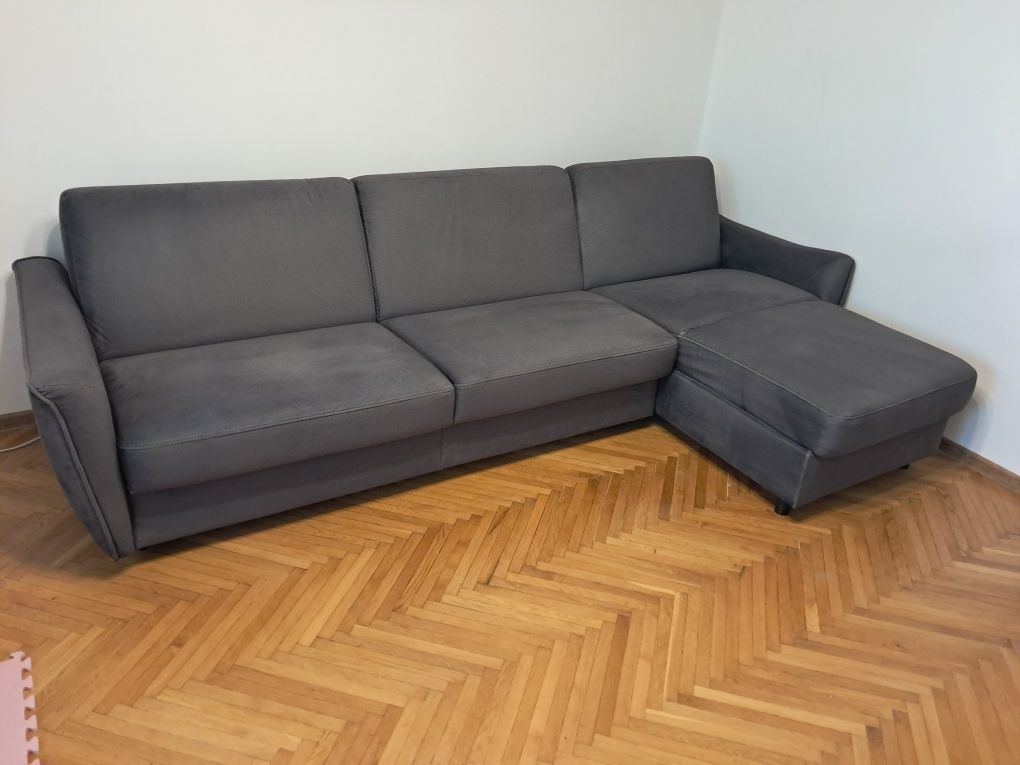 Narożnik z funkcją spania codziennego, system włoski, szary, welur
